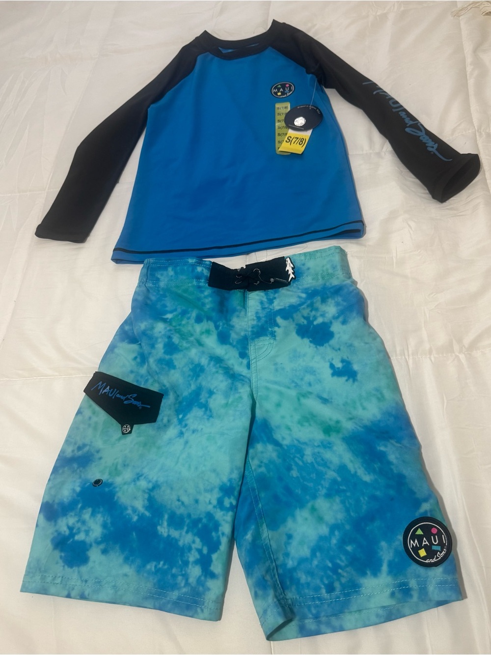 Maui and Sons Blue & Black Boys' Rash Guard with Blue Tie-Dye shorts.